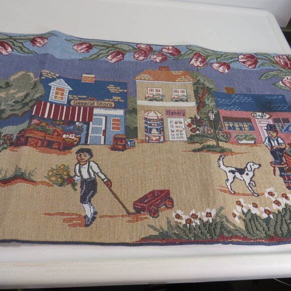 Quaint Turn of the Century Village Scene Tapestry Table Runner Tulips Gazebo - Picture 3 of 6